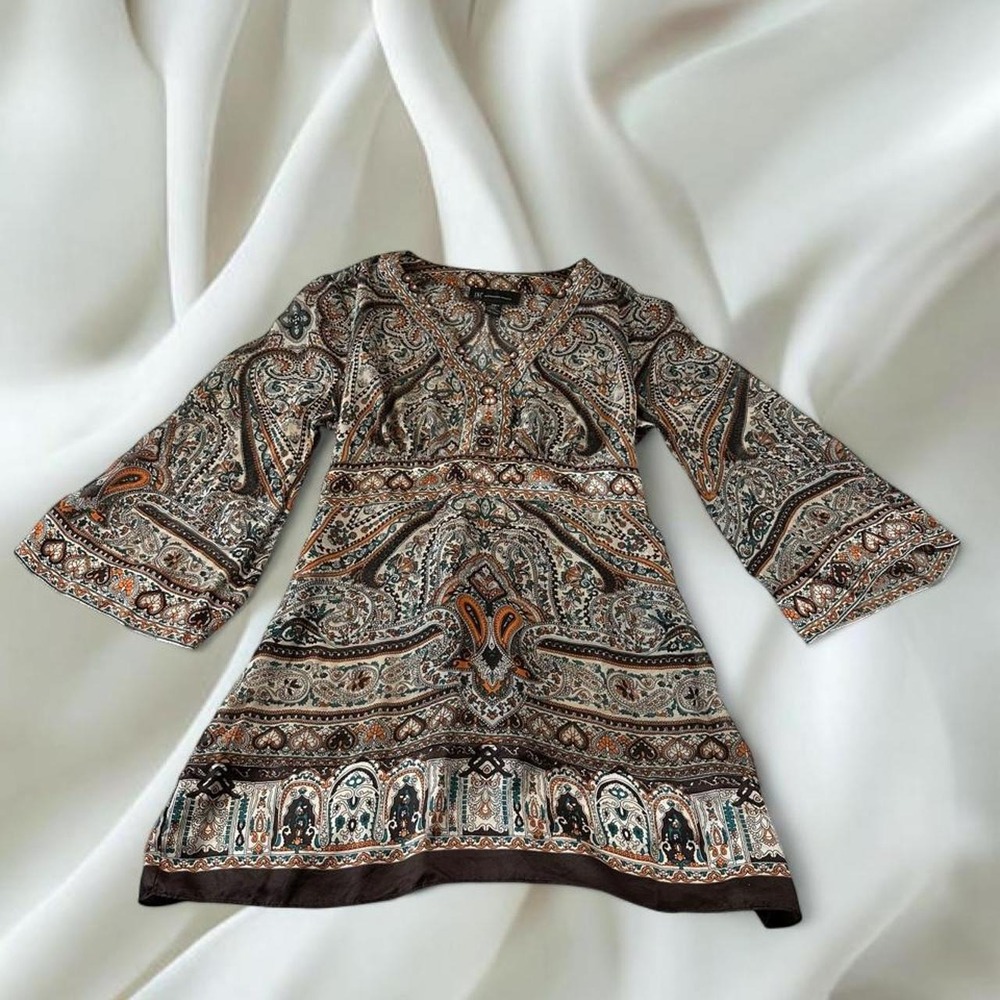 INC 100% silk brown paisley floral babydoll tie back bell sleeve top y2k mcbling